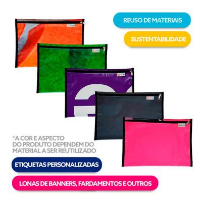Envelope tipo pasta no tamanho A4, produzido com resíduos, reutilização de materiais, em cores diversas.